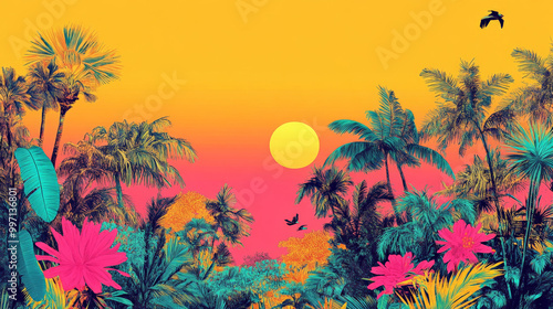 A hand-drawn tropical landscape with colorful palm fronds, exotic flowers, and birds in bold neon colors of pink, yellow, and teal, set against a bright sunset sky.