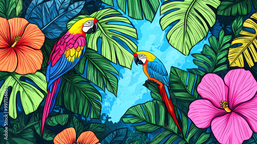 A hand-drawn tropical jungle with vibrant green leaves, bright pink hibiscus flowers, and colorful parrots, outlined in bold black strokes against a blue sky.