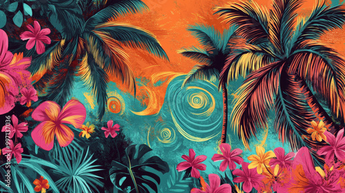A hand-drawn tropical background with vibrant palm trees, exotic flowers, and swirling patterns in bright shades of pink, orange, and teal, creating a playful and energetic atmosphere.