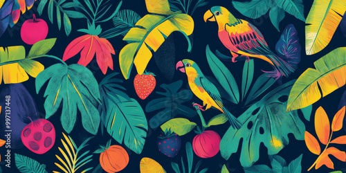 A vibrant hand-drawn tropical background featuring banana leaves, exotic birds, and bright tropical fruits in bold, neon colors on a deep teal background.