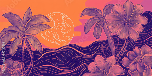 A hand-drawn tropical sunset with bold outlines of flowers, palm trees, and swirling waves in soft pastel colors of pink, purple, and orange, evoking a dreamy, exotic vibe.