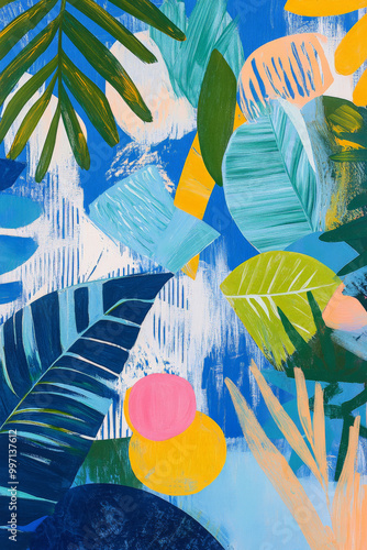 A colorful hand-drawn tropical scene featuring large palm leaves, tropical fruits, and bold abstract shapes in vivid blues, greens, and yellows, evoking a lively beach vibe.