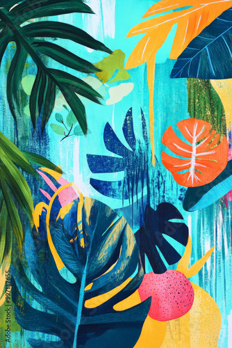 A colorful hand-drawn tropical scene featuring large palm leaves, tropical fruits, and bold abstract shapes in vivid blues, greens, and yellows, evoking a lively beach vibe.