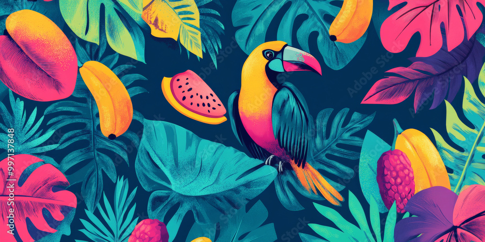 Fototapeta premium A vibrant hand-drawn tropical background featuring banana leaves, exotic birds, and bright tropical fruits in bold, neon colors on a deep teal background.