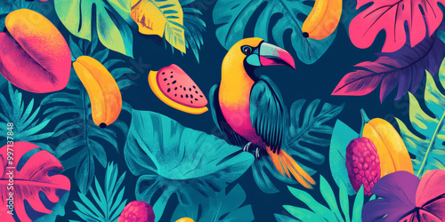A vibrant hand-drawn tropical background featuring banana leaves, exotic birds, and bright tropical fruits in bold, neon colors on a deep teal background.