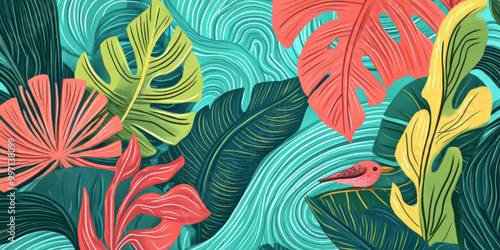 A playful hand-drawn tropical landscape with oversized leaves, tropical birds, and abstract shapes in vivid hues of green, coral, and teal, framed by swirling waves.