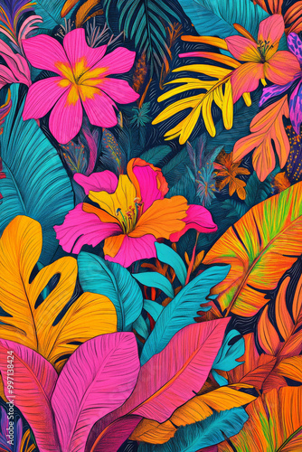A vibrant hand-drawn tropical landscape with bright leaves, birds of paradise, and exotic flowers in neon colors of pink, orange, and yellow, framed by abstract swirls.