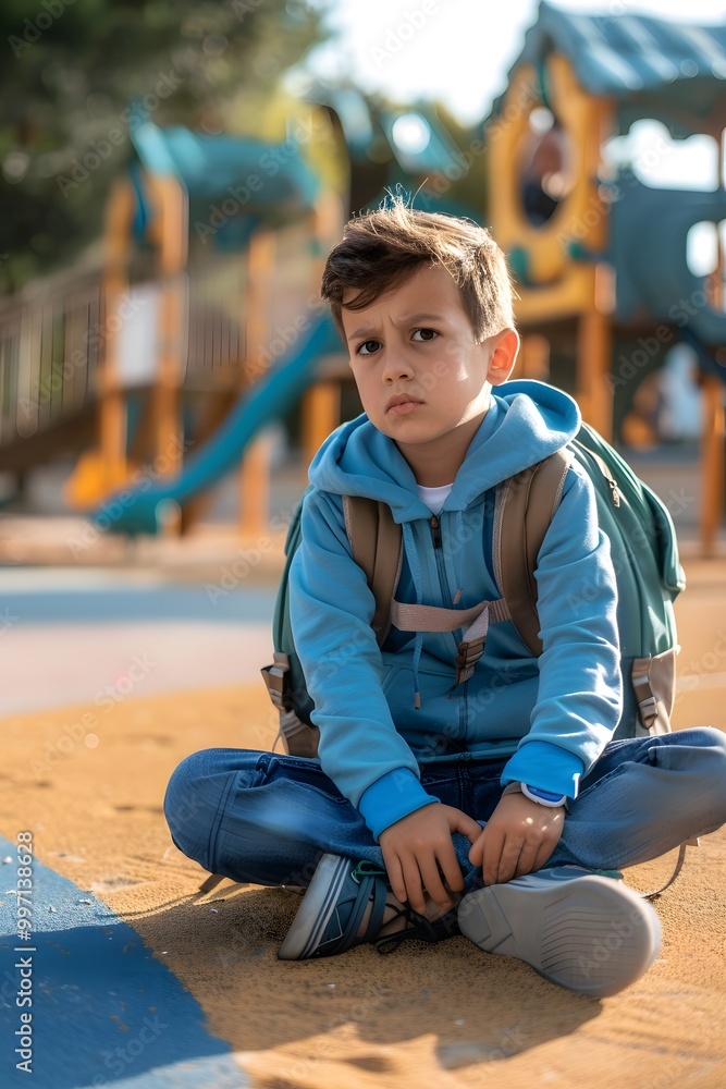 Sad young boy sitting alone with a backpack at school Sad young boy sitting alone with a backpack at school