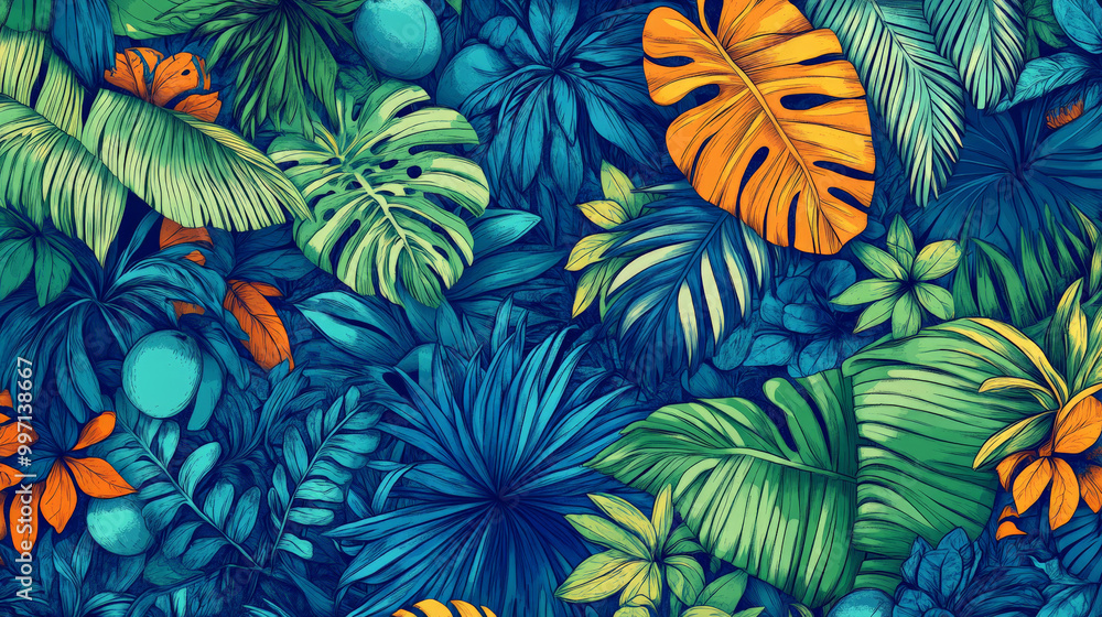 A hand-drawn background with vivid tropical plants, palm trees, and coconuts in a dynamic pattern of blue, green, and orange hues, creating a vibrant island atmosphere. A hand-drawn background with vivid tropical plants, palm trees, and coconuts in a dynamic pattern of blue, green, and orange hues, creating a vibrant island atmosphere.