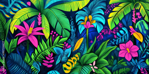 A vibrant hand-drawn tropical paradise with stylized palm trees, birds of paradise, and swirling patterns in bright green, blue, and pink hues.