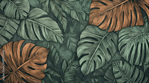 A detailed engraving of tropical monstera and palm leaves, finely etched with cross-hatching, creating a layered, textured background in shades of green and brown.