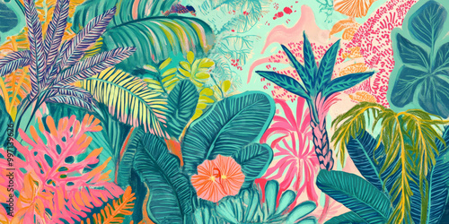 A vibrant hand-drawn tropical scene with exotic plants, birds of paradise, and swirling patterns in shades of lime green, turquoise, and coral pink.