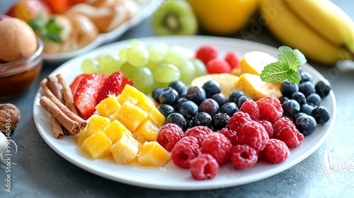 A plate of fresh fruit, including mango, strawberries, blueberries, raspberries, grapes, and banana slices, with a sprig of mint.