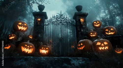 A dark and moody graveyard entrance, highlighted by a menacing gate and a variety of carved pumpkins emitting a ghostly glow