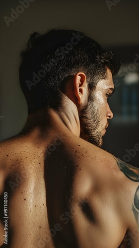 Man Back Tattoo Sunlit - Artistic Portrait Photography. photo