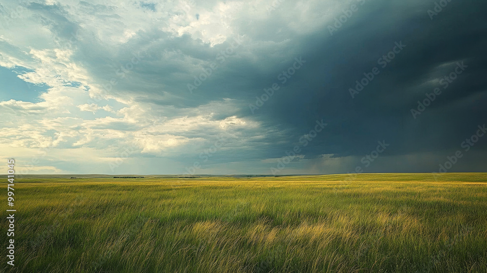 Distant rainfall sweeps across the prairies beneath foreboding storm clouds.
Distant rainfall sweeps across the prairies beneath foreboding storm clouds.
