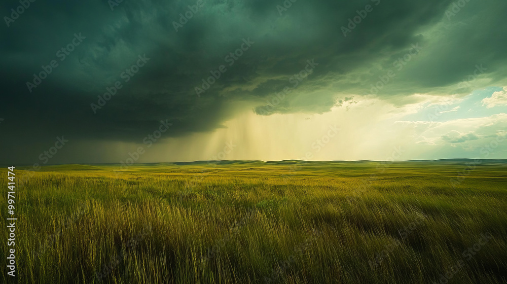 Distant rainfall sweeps across the prairies beneath foreboding storm clouds.
Distant rainfall sweeps across the prairies beneath foreboding storm clouds.