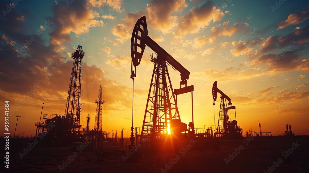 Oil and gas exploration and production. Silhouette of oil pumps and drilling rigs at sunset. Crude oil, industry, petroleum fuel production. Oil and gas exploration and production. Silhouette of oil pumps and drilling rigs at sunset. Crude oil, industry, petroleum fuel production.