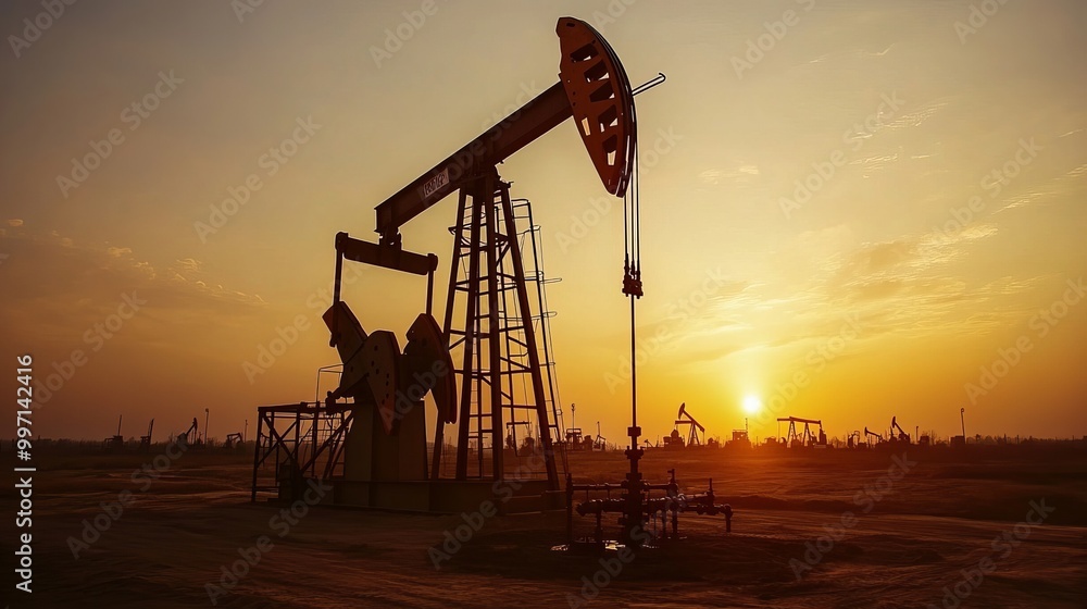 Naklejka premium Oil drilling equipment operates in an oilfield. These machines pump oil and gas from deep underground. As the world economy struggles with the COVID-19 pandemic, the price of oil has been affected.