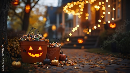 A playful display of pumpkin buckets overflowing with candy under the warm glow of Halloween lights in a cozy neighborhood