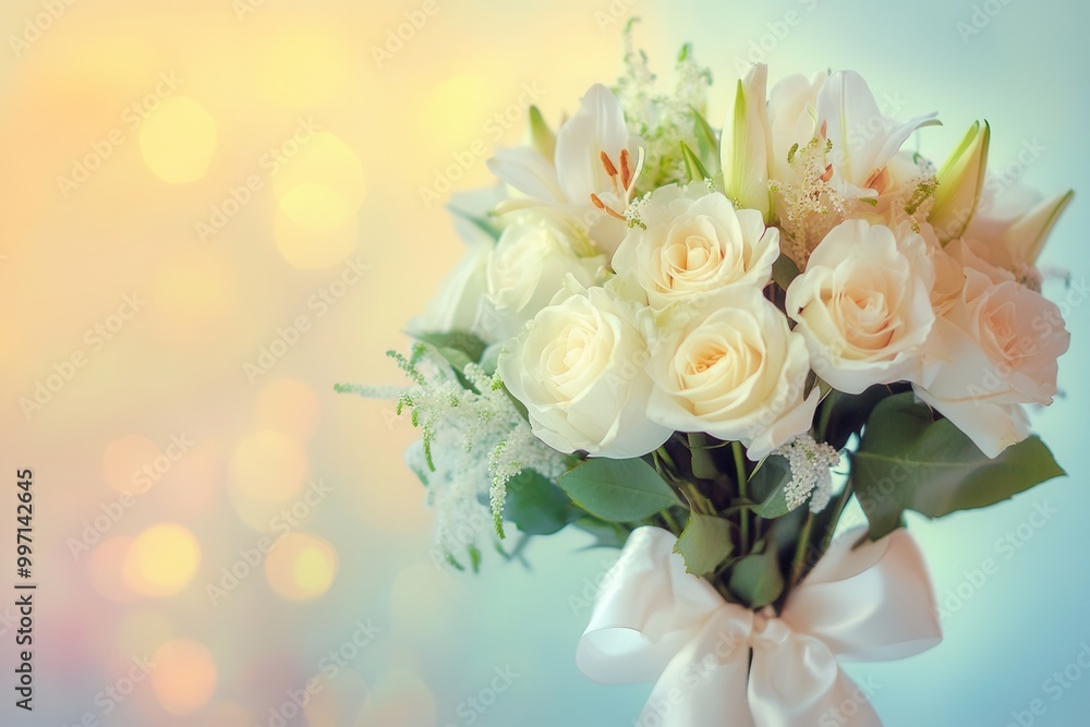 This exquisite bouquet features white roses and lilies, elegantly tied with a silk ribbon, creating a serene atmosphere. Generative AI This exquisite bouquet features white roses and lilies, elegantly tied with a silk ribbon, creating a serene atmosphere. Generative AI