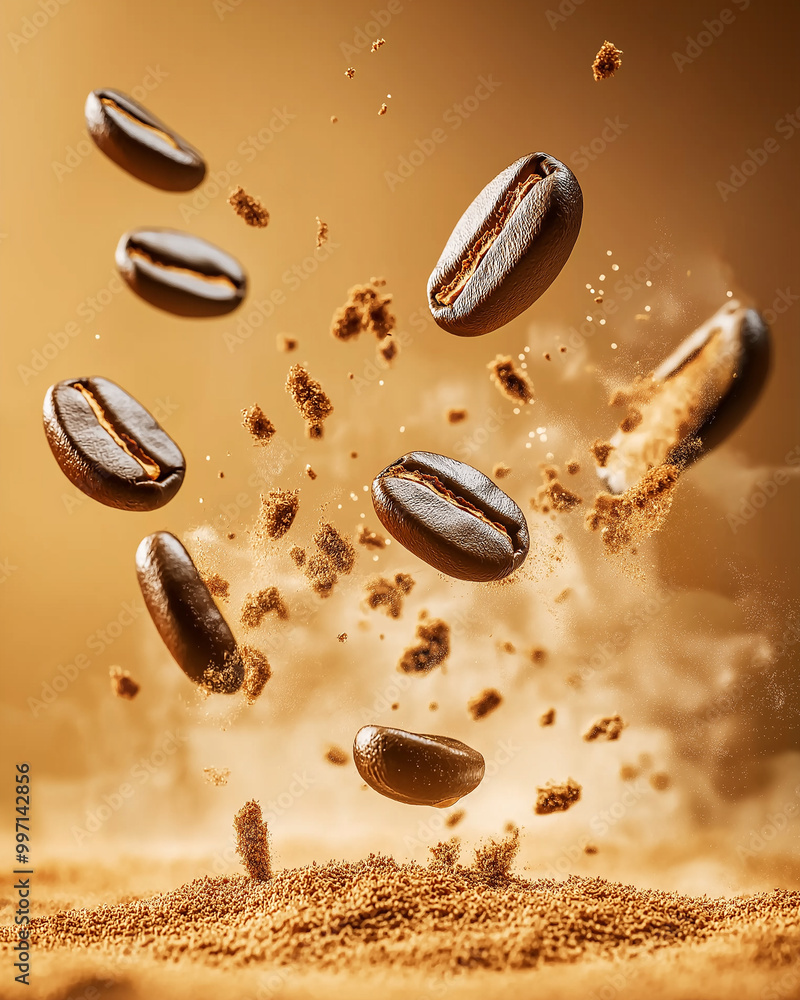 Coffee beans floating on a soft brown background. Coffee beans floating on a soft brown background.