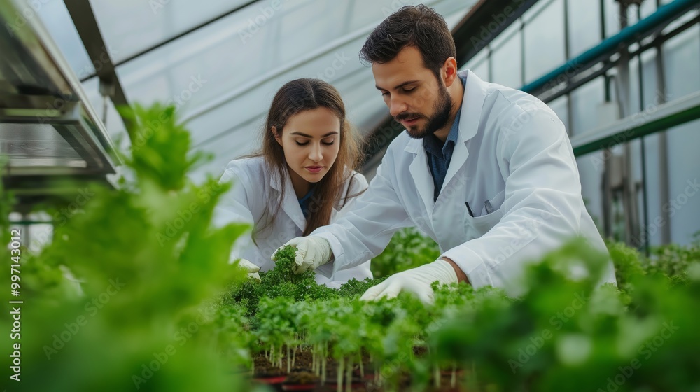 Two botanist scientists in white lab coats examining plants in a greenhouse, conducting research on plant growth and cultivation Two botanist scientists in white lab coats examining plants in a greenhouse, conducting research on plant growth and cultivation