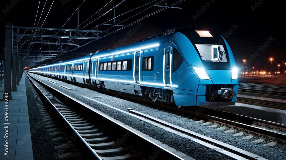 Naklejka premium A modern blue train awaits passengers at the station under the night sky in a bustling city