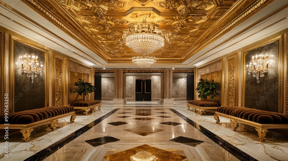 Fototapeta premium An opulent foyer with a gold leaf coffered ceiling, marble floors, and plush velvet benches An ornate crystal chandelier casts a warm, inviting glow