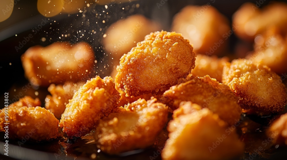 Golden-brown chicken nuggets cascade onto a sleek surface, showcasing their crispy texture and inviting appearance, enhanced by gentle, warm lighting Golden-brown chicken nuggets cascade onto a sleek surface, showcasing their crispy texture and inviting appearance, enhanced by gentle, warm lighting