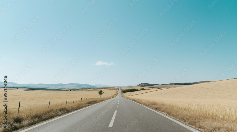 Fototapeta premium A wide-angle shot of an empty road disappearing into the horizon under a clear blue sky. The road is flanked by golden fields, and the expansive sky offers generous copyspace. The lighting is natural 