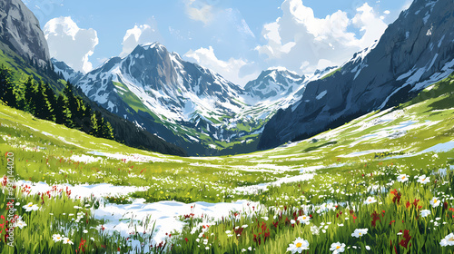 Alpine meadow with snow patterns and koralm in lavanttal alps, austria. Alpine Meadow. Illustration photo