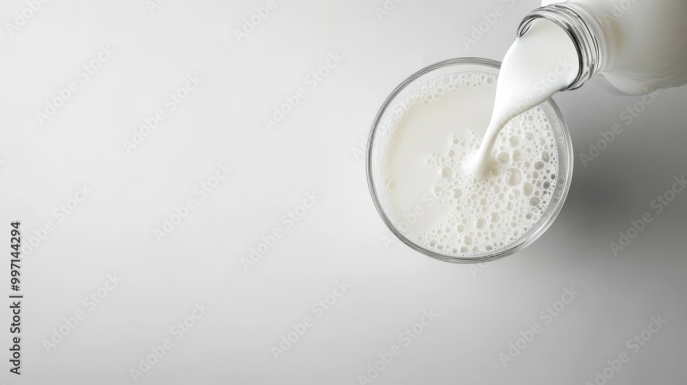 A glass bottle is tilted as creamy white milk flows smoothly into a transparent glass below, creating small bubbles. The minimal background enhances the freshness A glass bottle is tilted as creamy white milk flows smoothly into a transparent glass below, creating small bubbles. The minimal background enhances the freshness