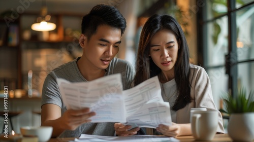 Asian couple looking anxious and sad, holding bills and discussing financial issues at home