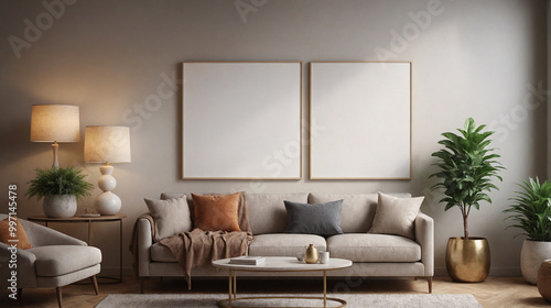 living room interior design mockup template with empty photo frame on walls.