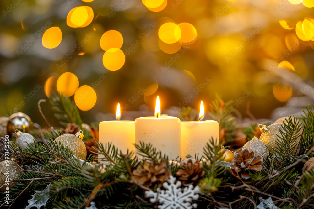 Decorated Advent wreath from fir and evergreen branches with white burning candles, tradition in the time before Christmas, warm background with festive bokeh and copy space Decorated Advent wreath from fir and evergreen branches with white burning candles, tradition in the time before Christmas, warm background with festive bokeh and copy space