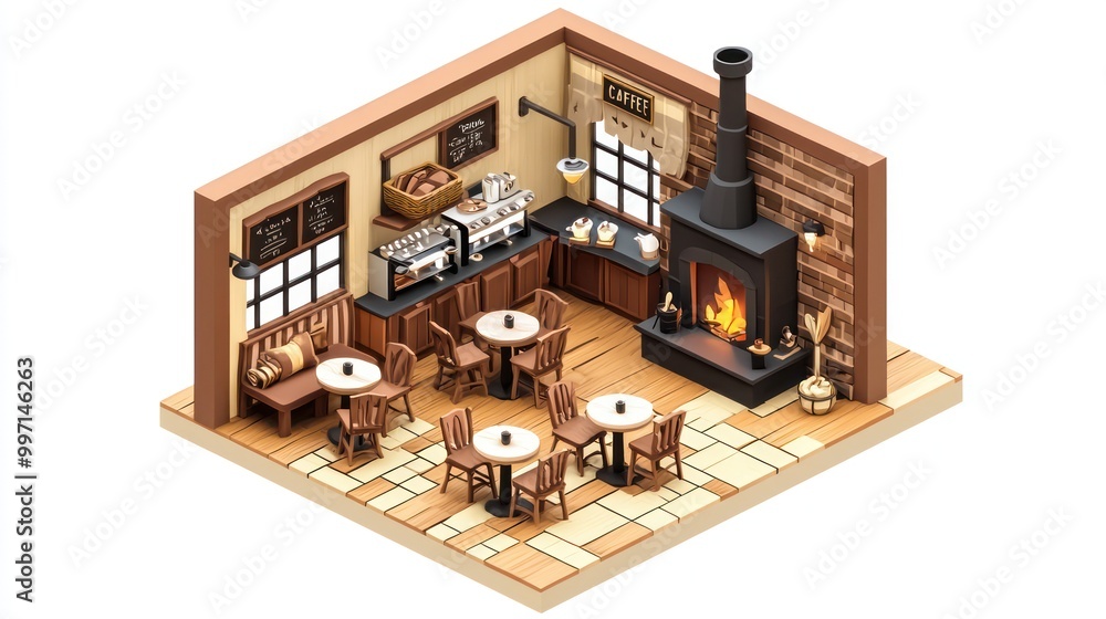 Isometric 3D depiction of a rustic caf?(C) with wooden furniture and a cozy fireplace, illustrated on an isolated white background