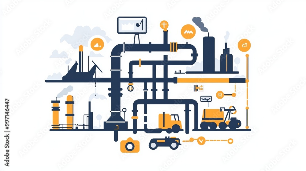 Oil pipeline explained using simple shapes. Financial economy linked to petrol production. Petroleum fuel industry transport system using line connections. Oil pipeline explained using simple shapes. Financial economy linked to petrol production. Petroleum fuel industry transport system using line connections.