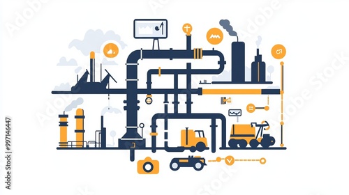 Oil pipeline explained using simple shapes. Financial economy linked to petrol production. Petroleum fuel industry transport system using line connections.