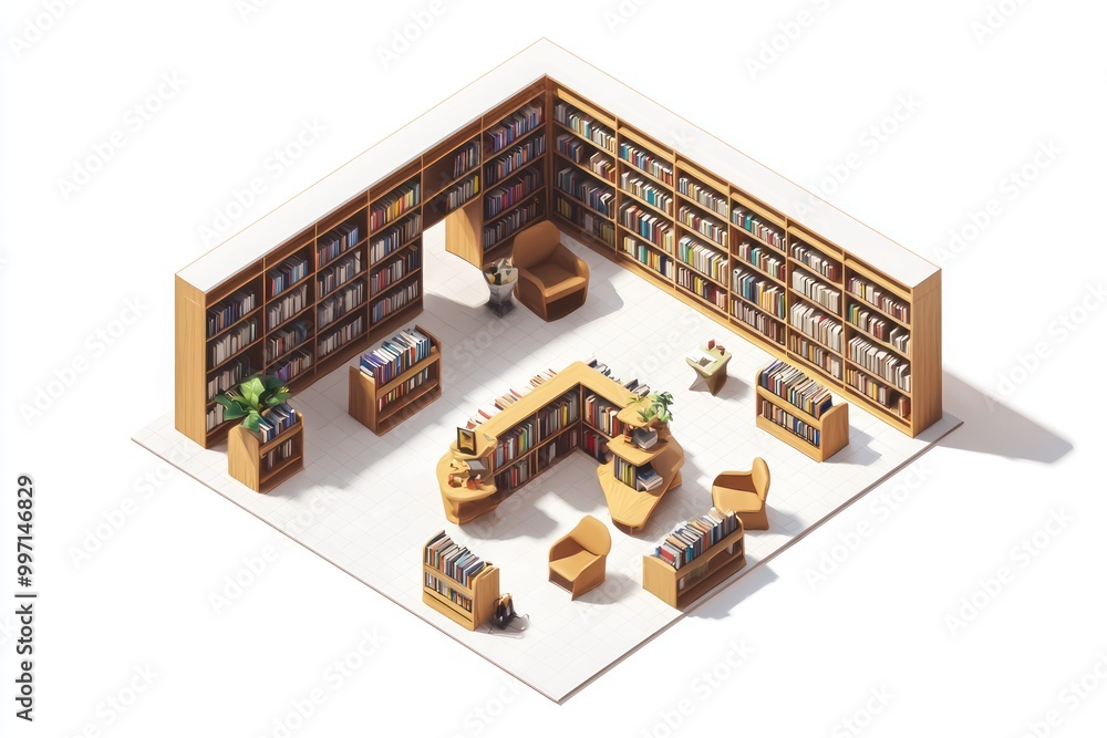 Isometric 3D render of a multilingual library with diverse reading zones, presented from a top-down view on a white background Isometric 3D render of a multilingual library with diverse reading zones, presented from a top-down view on a white background