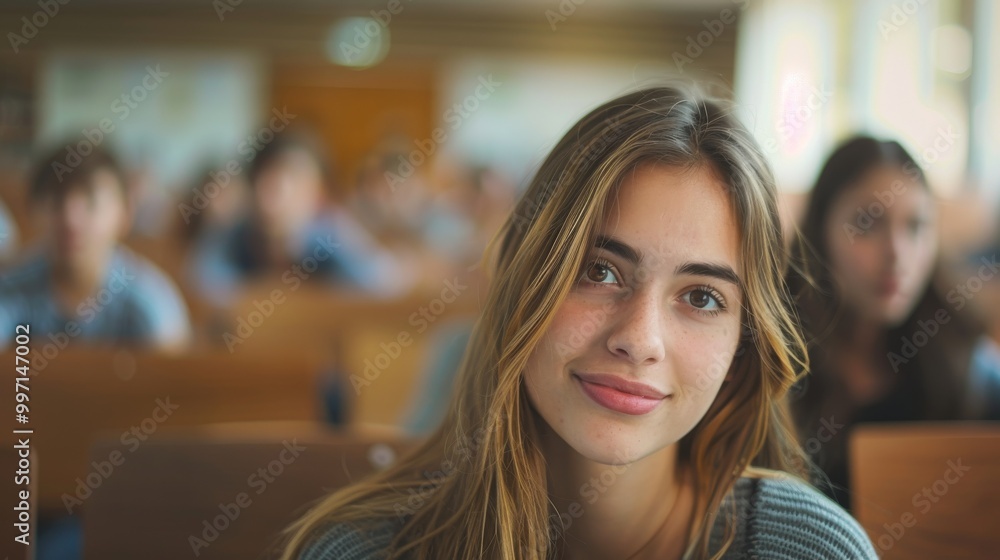 Beautiful young woman student, showcasing confidence and intellect, in a university classroom, prepared for her studies Beautiful young woman student, showcasing confidence and intellect, in a university classroom, prepared for her studies