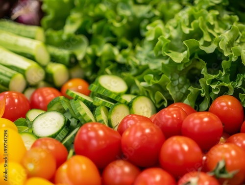 A vibrant vegetable background featuring fresh, colorful vegetables like carrots, bell peppers, and spinach, highlighting their natural beauty