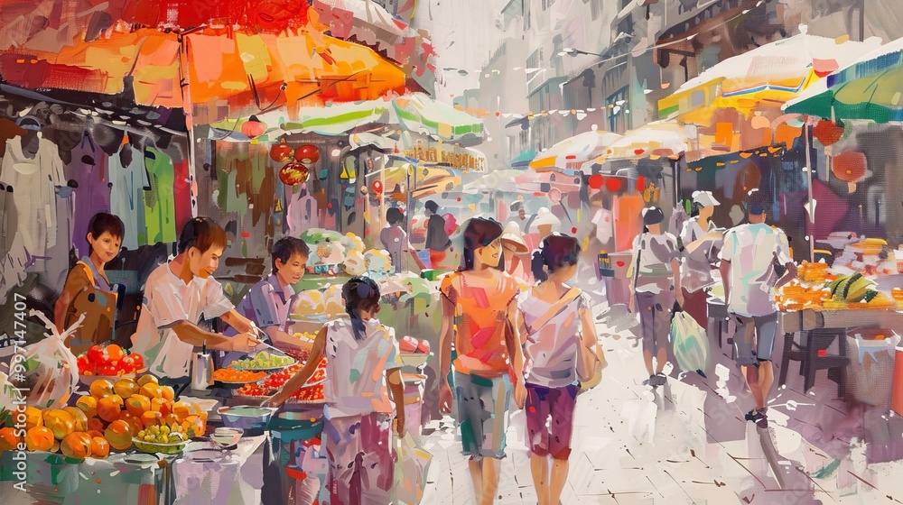 Kid artist painting a bustling marketplace Kid artist painting a bustling marketplace