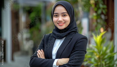 A young Indonesian professional woman wearing a hijab, a black blazer