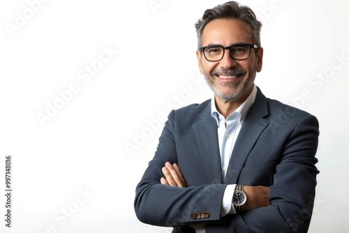 Businessman smiling with arms crossed on white background