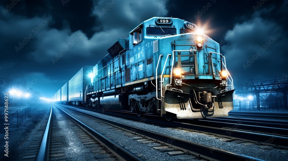 Obraz premium A freight train moving through a darkened landscape at night with glowing lights nearby