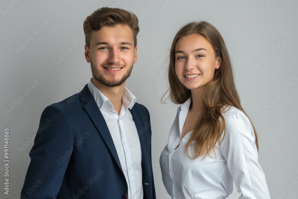 happy young business partners looking at camera isolated on white happy young business partners looking at camera isolated on white