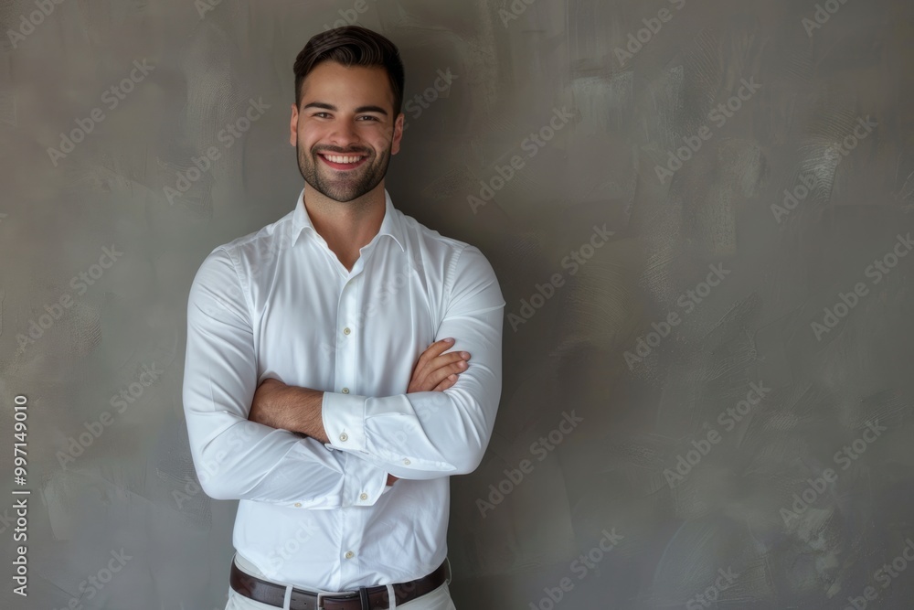 Young business man at corporate seminar with colleagues smiling. Young business man at corporate seminar with colleagues smiling.