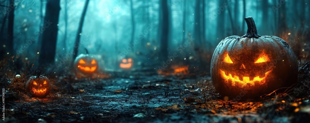 A spooky forest path illuminated by glowing jack-o'-lanterns, perfect for Halloween-themed projects and autumn celebrations. A spooky forest path illuminated by glowing jack-o'-lanterns, perfect for Halloween-themed projects and autumn celebrations.