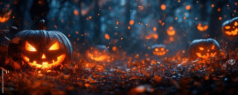 Spooky Halloween scene with glowing jack-o'-lanterns surrounded by mist and autumn leaves, perfect for festive themes. Spooky Halloween scene with glowing jack-o'-lanterns surrounded by mist and autumn leaves, perfect for festive themes.